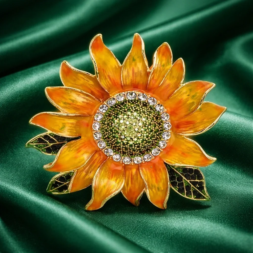 Floral Sunflower Brooch Pin – Crystal Rhinestone Flower Jewelry